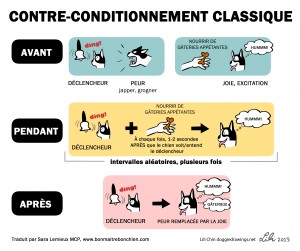 dessin de Doggie Drawings expliquant le principe du contre conditionnement chez le chien